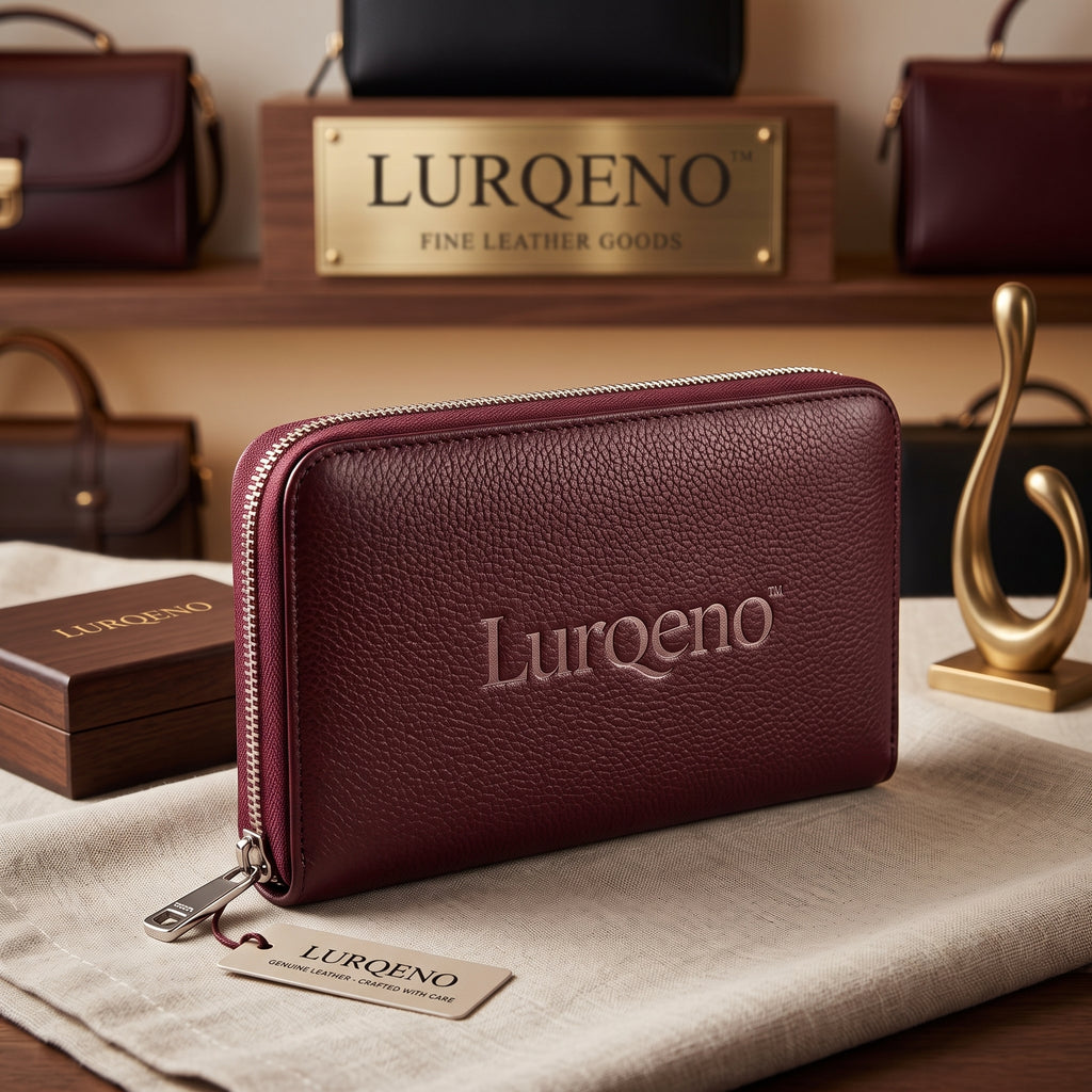 Lurqeno™ Women’s Genuine Pebbled Leather Zip-Around Continental Long Wallet – Deep Burgundy