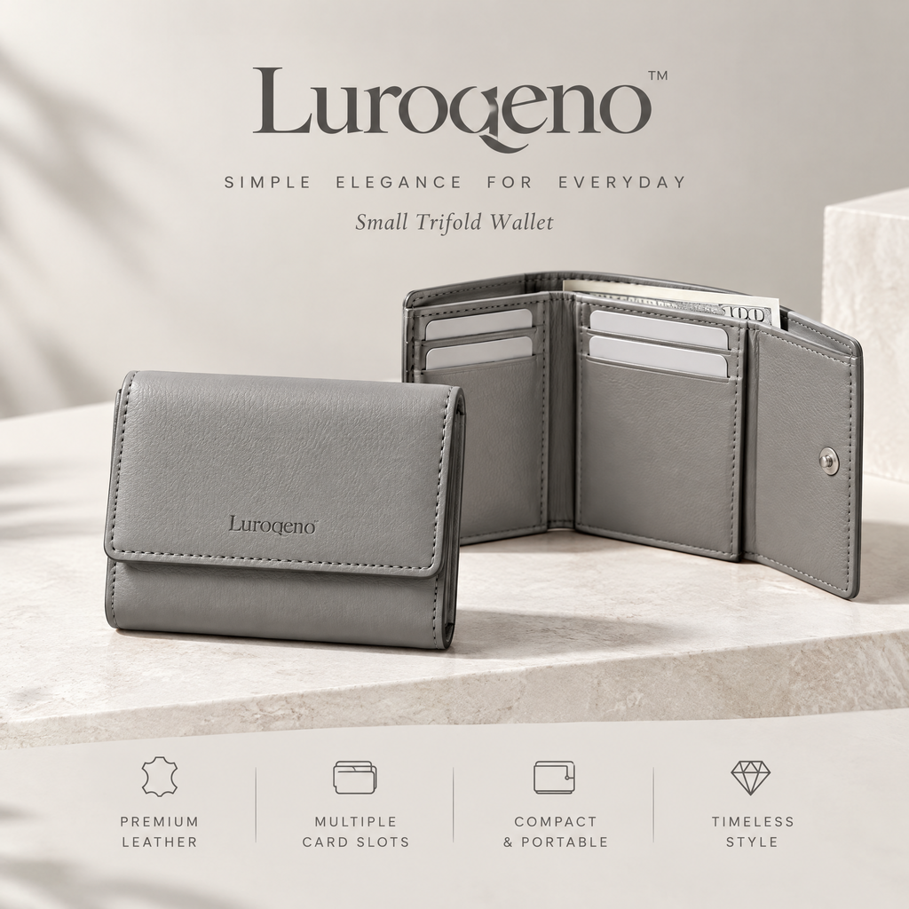 Luroqeno™ Women's Small Trifold Leather Wallet – Compact Minimalist Card Holder &amp; Cash Organizer (Grey)