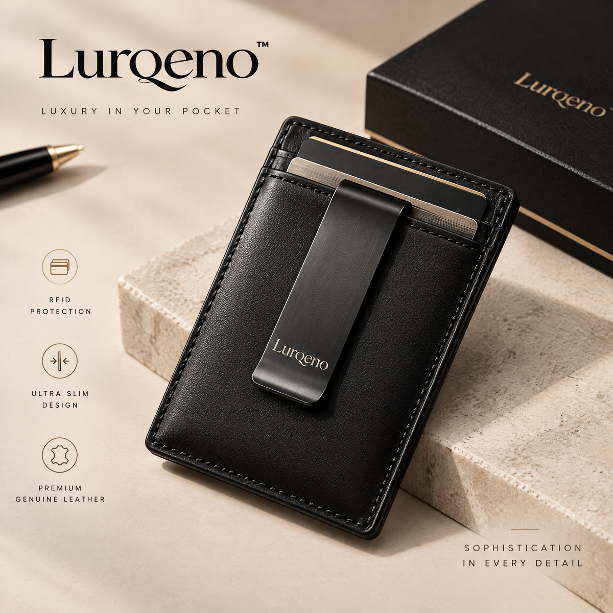 Lurqeno™ Ultra-Slim Genuine Leather Card Holder Wallet with Integrated Money Clip – RFID-Blocking Minimalist Front Pocket Wallet for Men