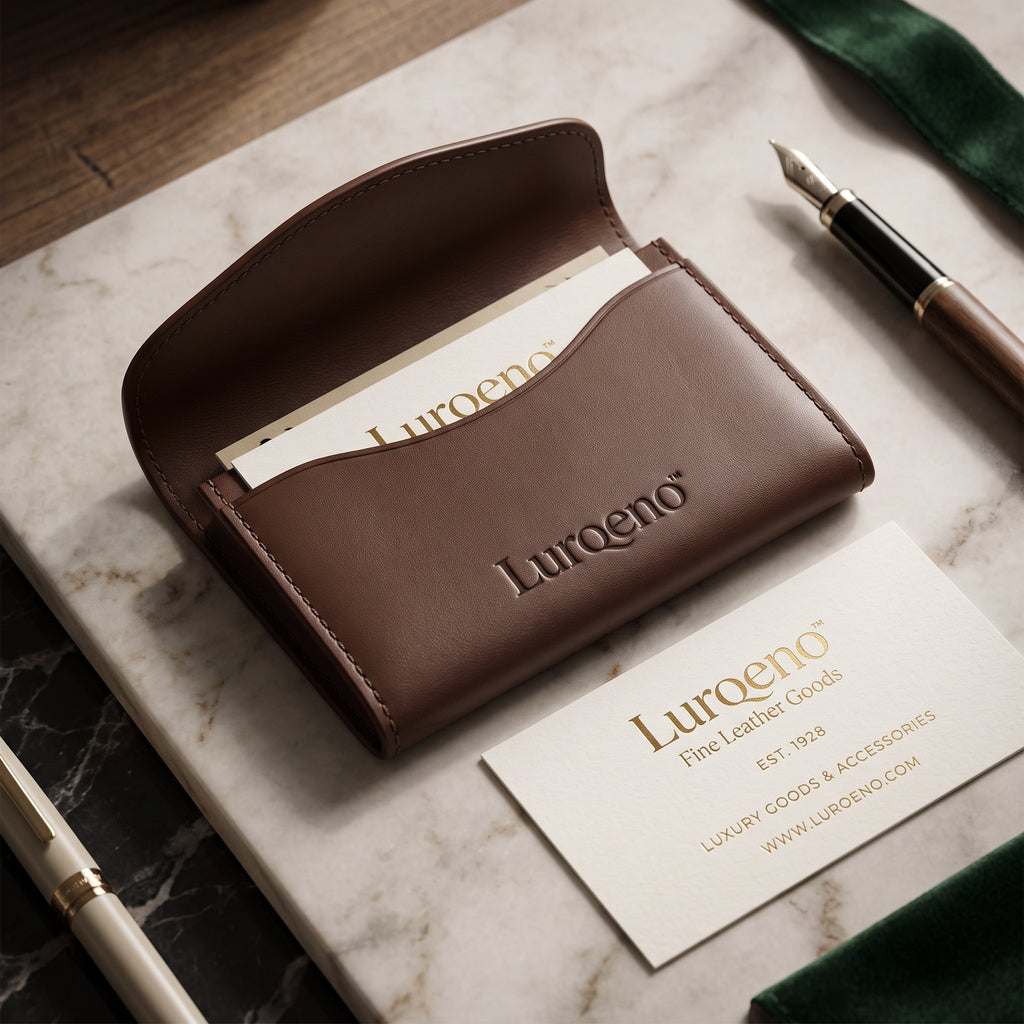 Lurqeno™ Genuine Leather Business Card Holder – Slim Flap Pocket Case &amp; Minimalist Card Wallet (Mocha Brown)