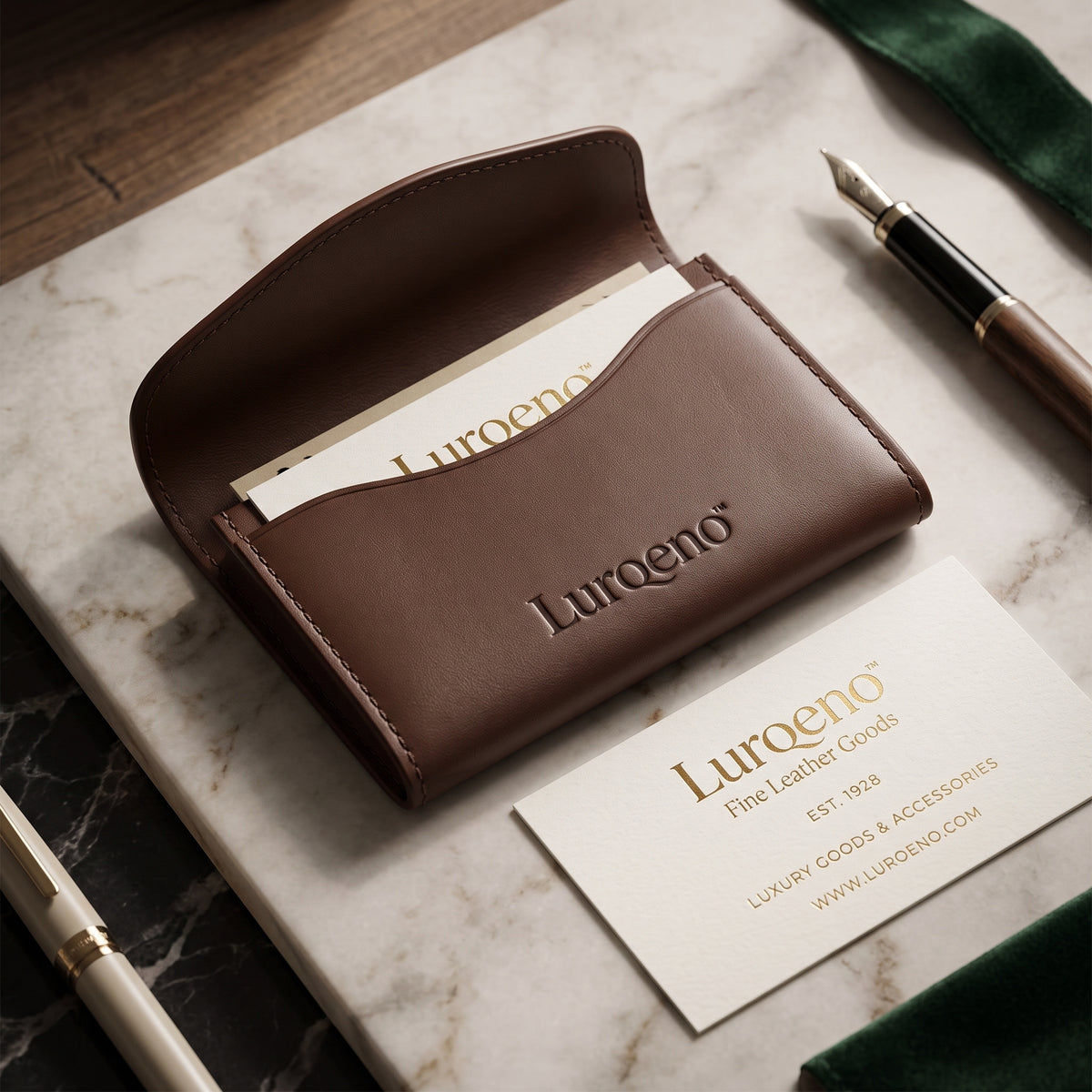 Lurqeno™ Genuine Leather Business Card Holder – Slim Flap Pocket Case &amp; Minimalist Card Wallet (Mocha Brown)