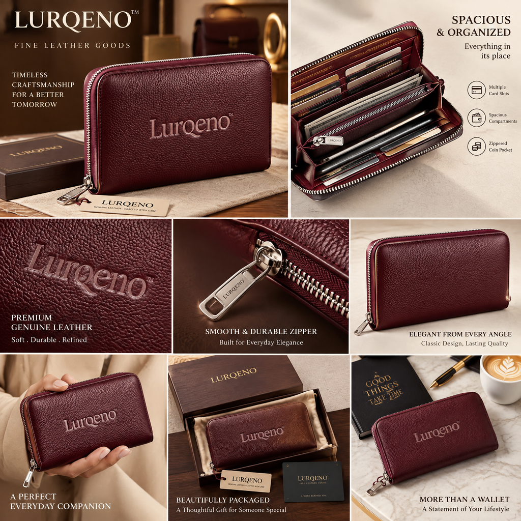 Lurqeno™ Women’s Genuine Pebbled Leather Zip-Around Continental Long Wallet – Deep Burgundy
