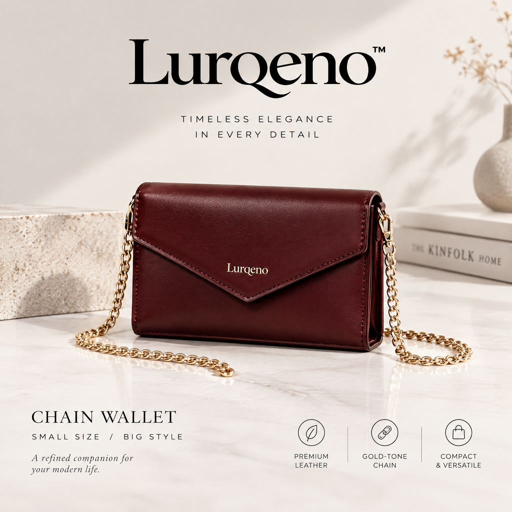 Lurqeno™ Women's Premium Leather Envelope Chain Wallet – Deep Burgundy Crossbody Clutch