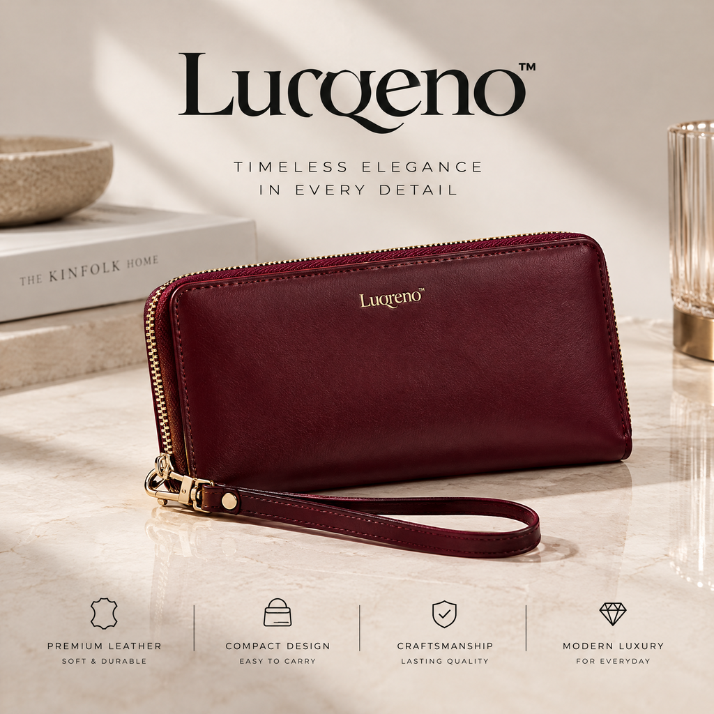 Lurqeno™ Women’s Premium Leather Zip-Around Wristlet Wallet – Elegant Long Clutch Purse (Burgundy)
