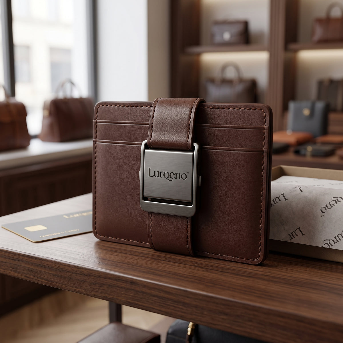 Lurqeno™ Slim Leather Card Holder Wallet with Brushed Metal Clasp – Minimalist Front Pocket EDC Card Case