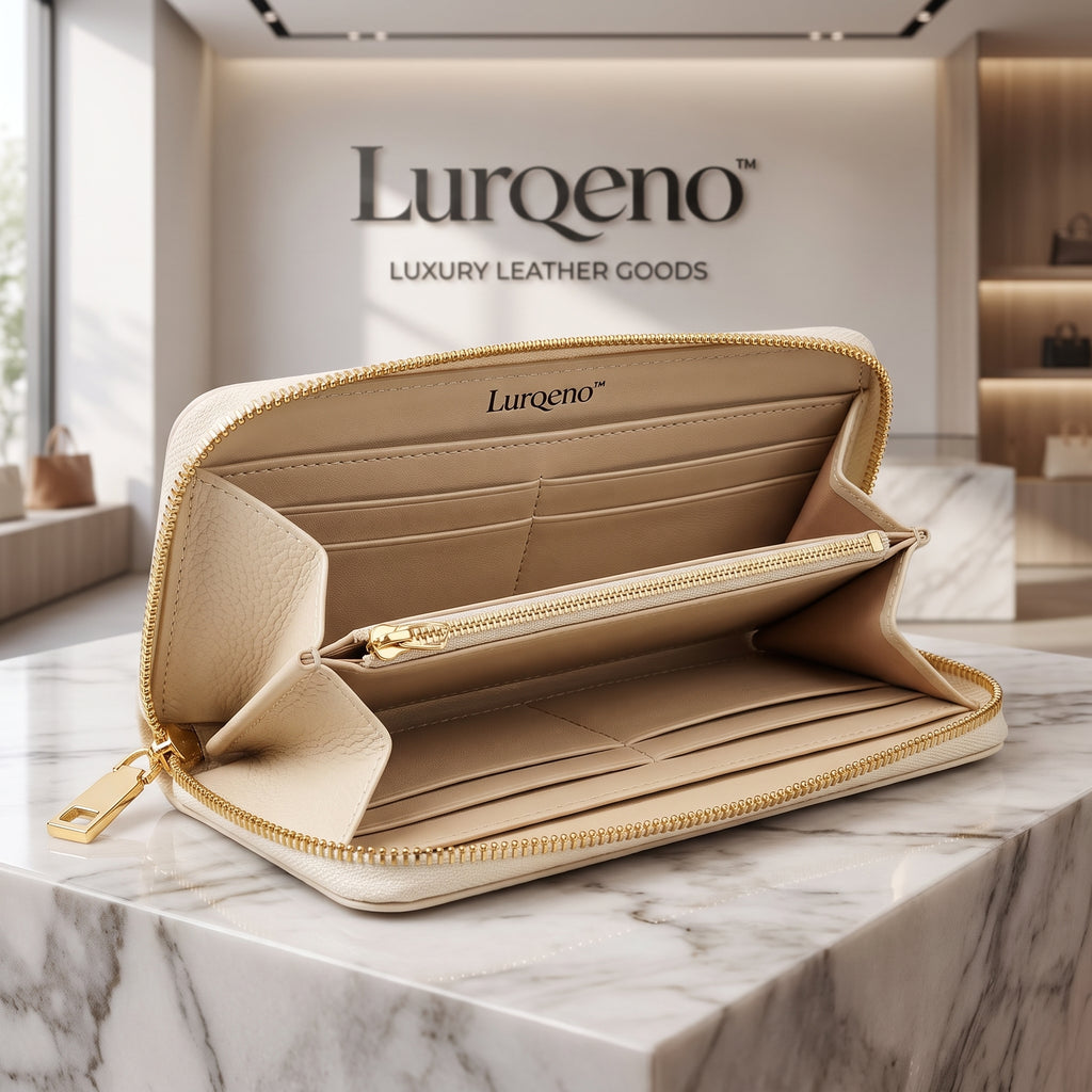 Lurqeno™ Women's Luxury Pebbled Leather Zip-Around Continental Wallet – Cream