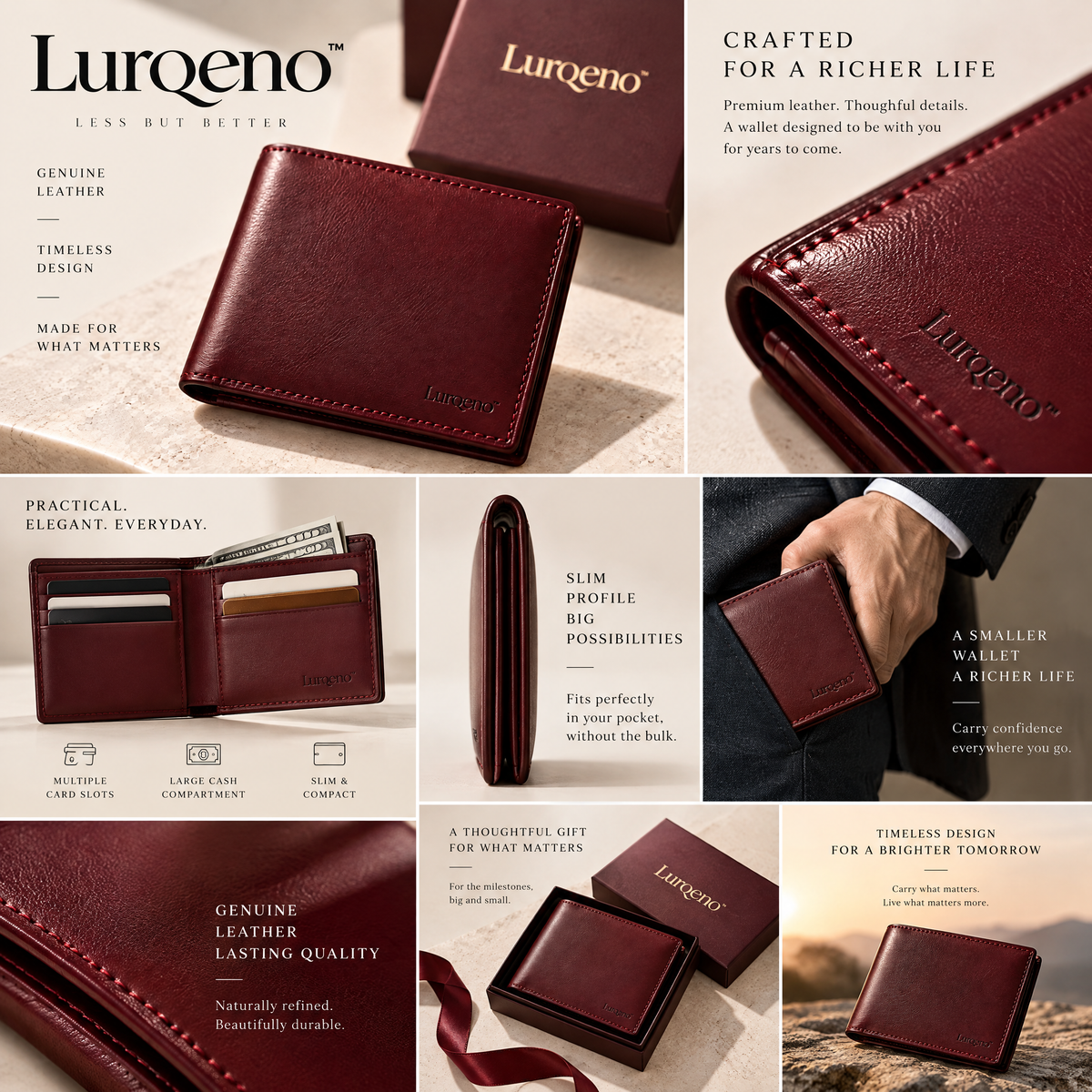 Lurqeno™ Slim Genuine Leather Bifold Wallet for Men – Minimalist Front Pocket Everyday Carry in Rich Burgundy with Luxury Gift Box