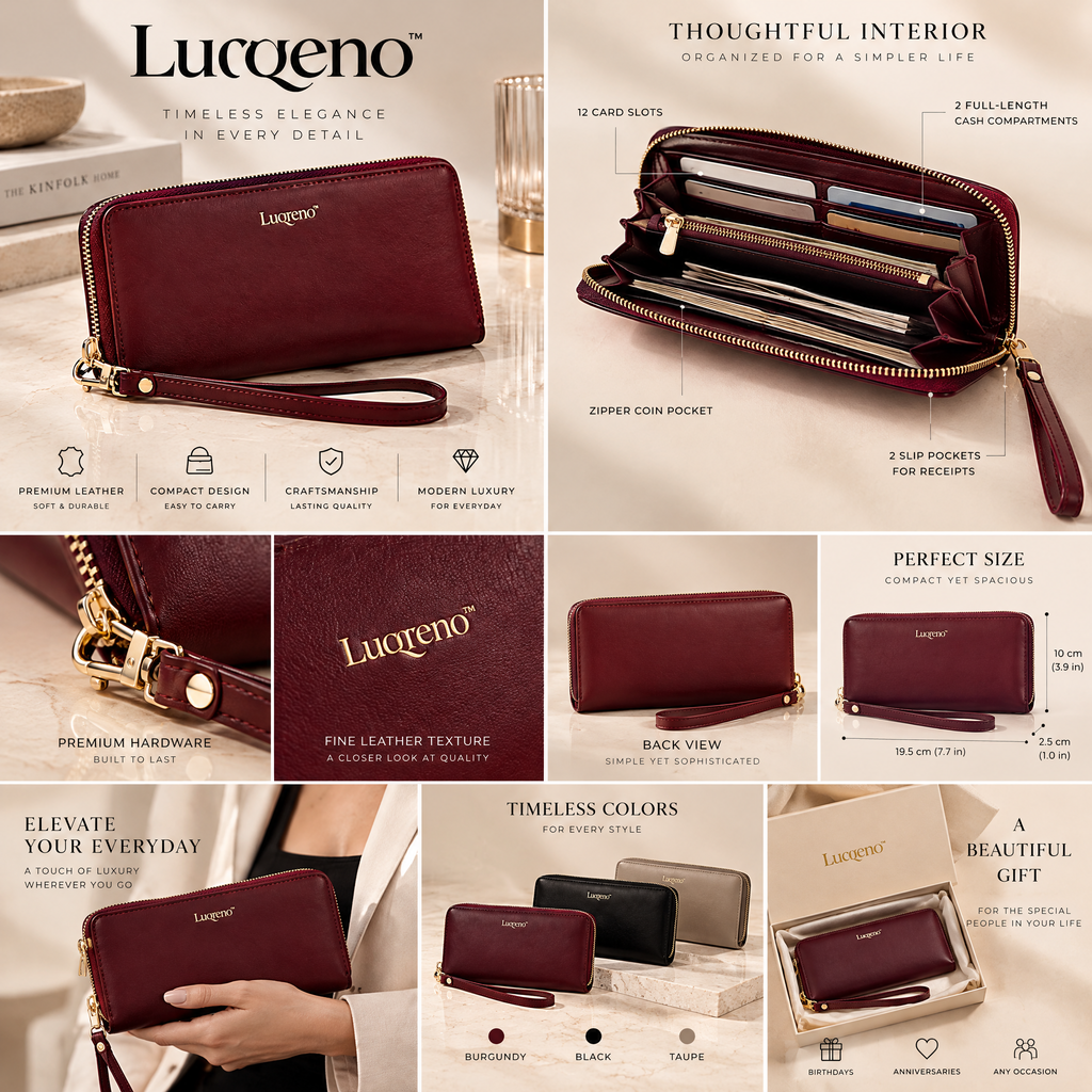 Lurqeno™ Women’s Premium Leather Zip-Around Wristlet Wallet – Elegant Long Clutch Purse (Burgundy)