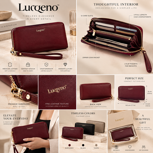 Lurqeno™ Women’s Premium Leather Zip-Around Wristlet Wallet – Elegant Long Clutch Purse (Burgundy)