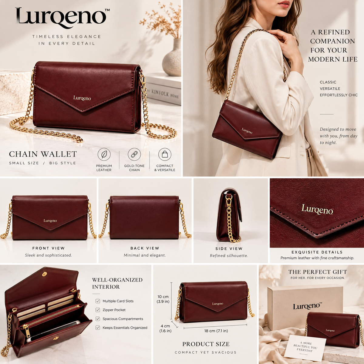 Lurqeno™ Women's Premium Leather Envelope Chain Wallet – Deep Burgundy Crossbody Clutch