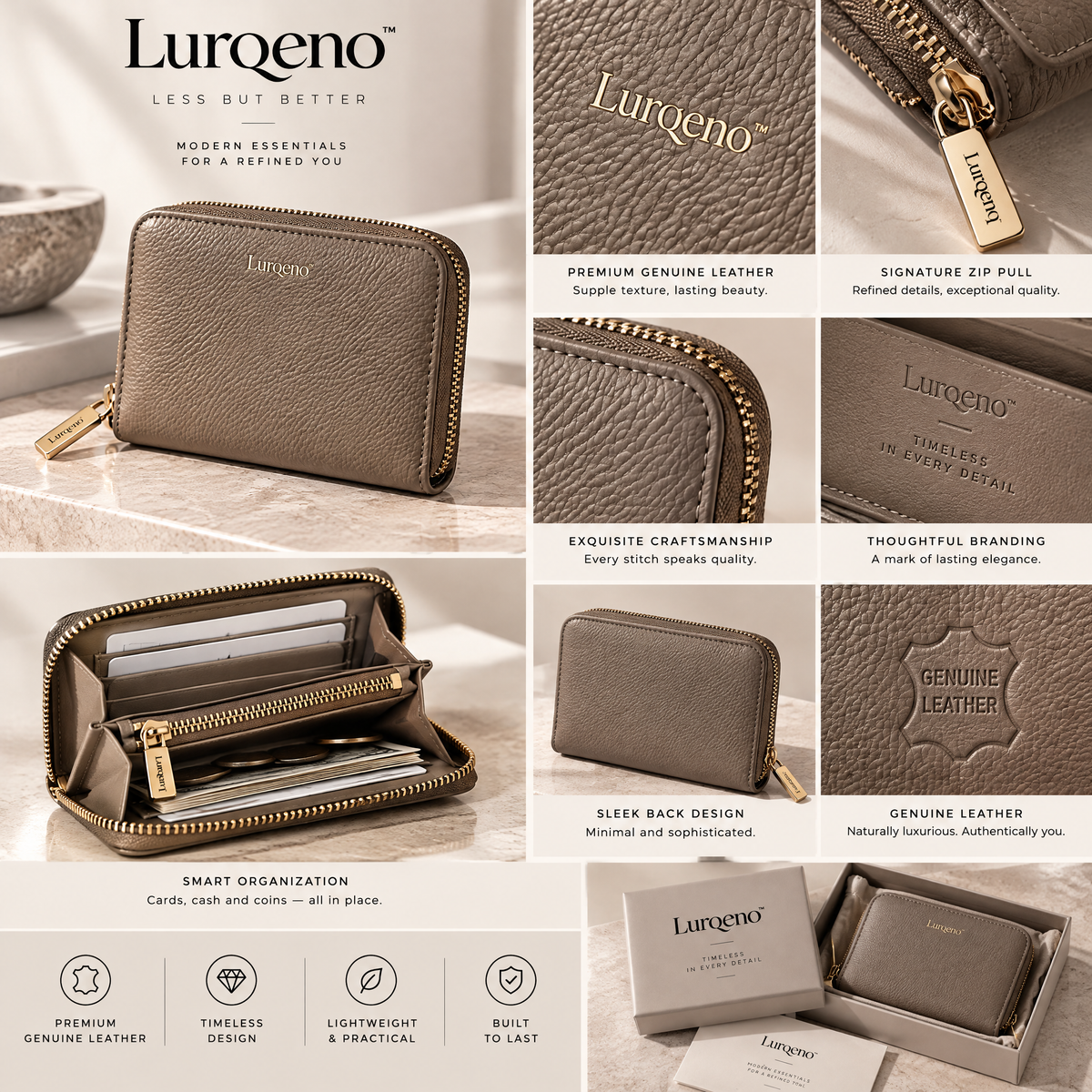 Lurqeno™ Minimalist Genuine Leather Compact Zip-Around Wallet