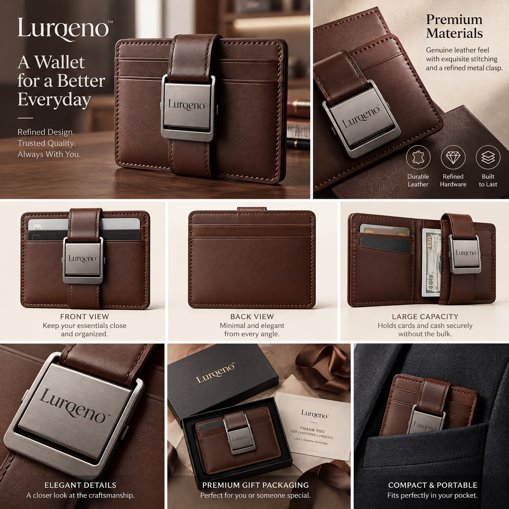 Lurqeno™ Slim Leather Card Holder Wallet with Brushed Metal Clasp – Minimalist Front Pocket EDC Card Case