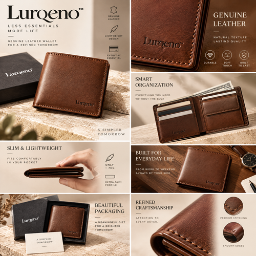 Lurqeno™ Men’s Genuine Leather Slim Bifold Wallet | Lightweight Everyday Carry with Luxury Gift Box (Classic Brown)