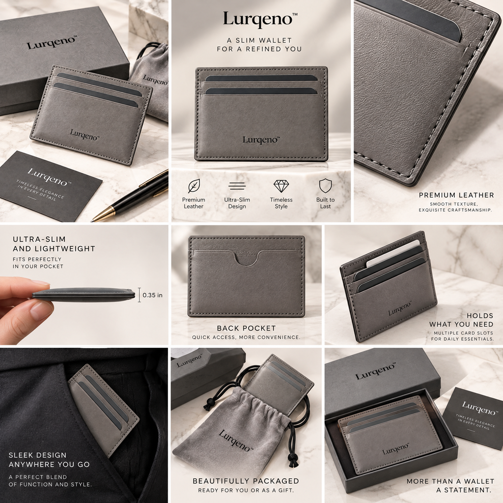 Lurqeno™ Minimalist Slim Cardholder Wallet – Ultra-Thin Front Pocket Leather Card Case with Luxury Gift Box (Slate Grey)