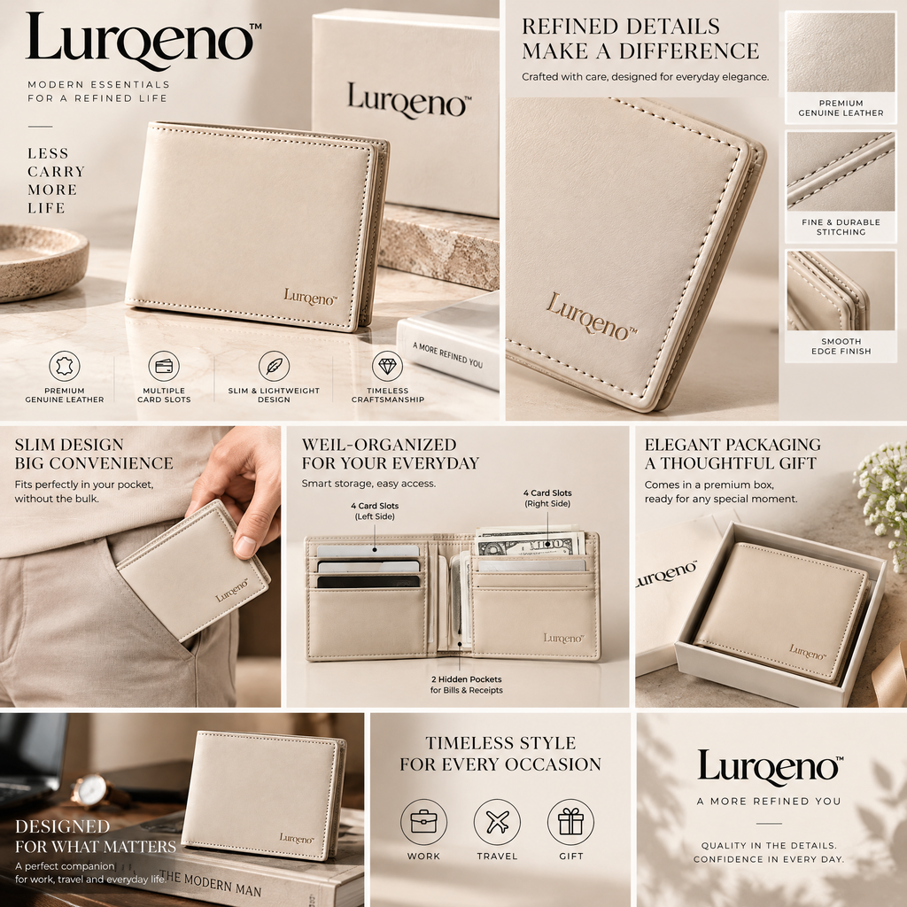 Lurqeno™ Slim Bifold Genuine Leather Wallet – Minimalist Lightweight Pocket Card Holder for Men &amp; Women (Cream Beige)