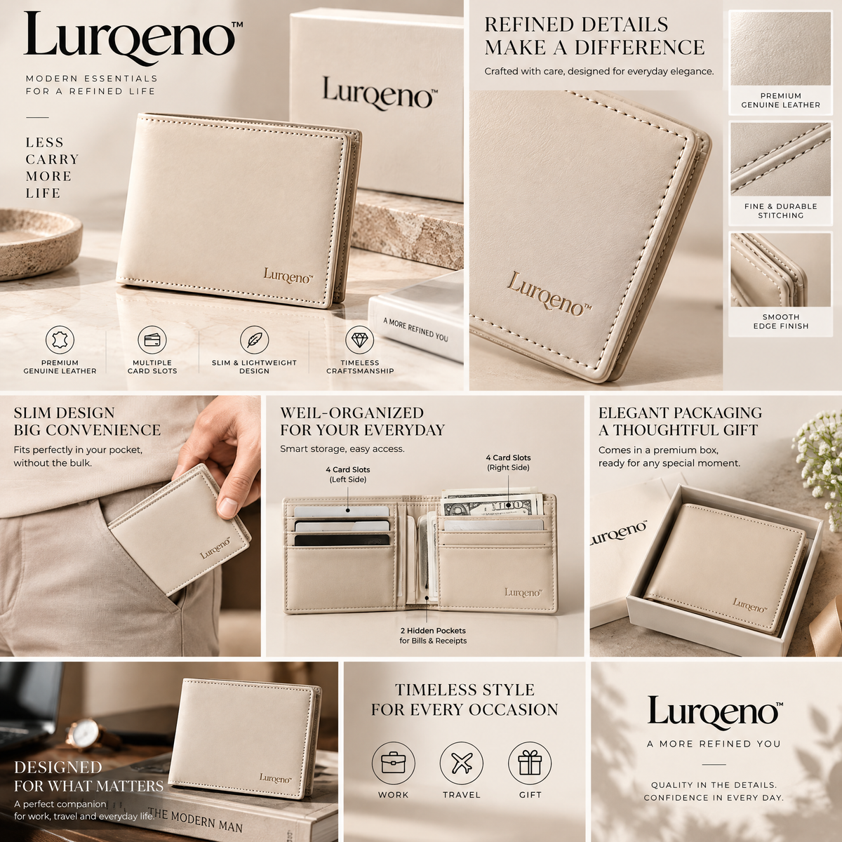 Lurqeno™ Slim Bifold Genuine Leather Wallet – Minimalist Lightweight Pocket Card Holder for Men &amp; Women (Cream Beige)