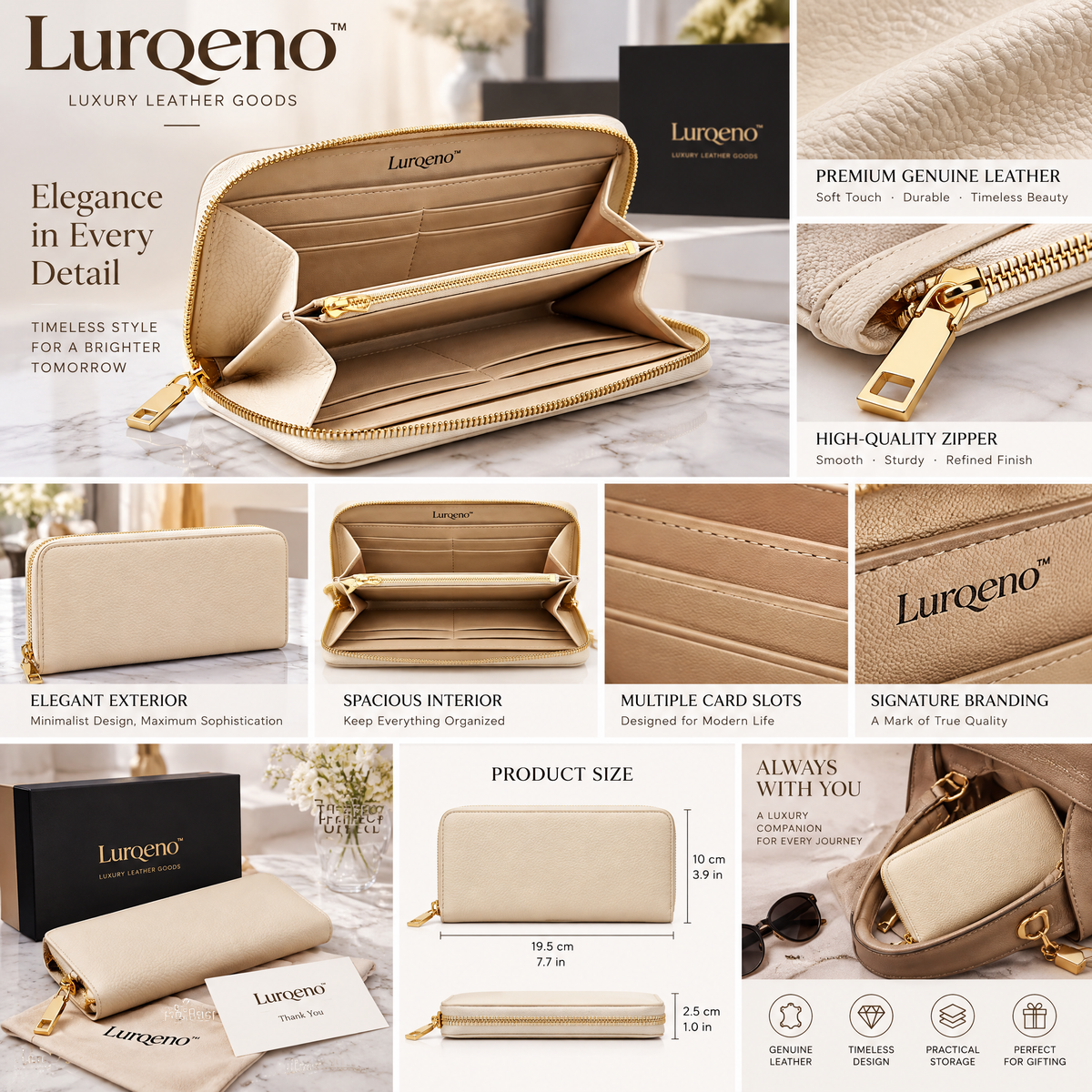 Lurqeno™ Women's Luxury Pebbled Leather Zip-Around Continental Wallet – Cream