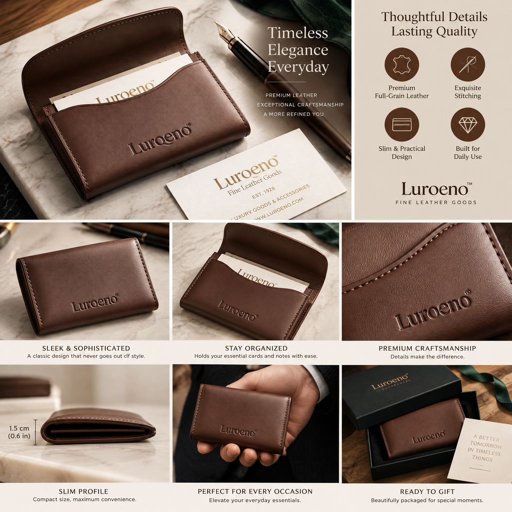 Lurqeno™ Genuine Leather Business Card Holder – Slim Flap Pocket Case &amp; Minimalist Card Wallet (Mocha Brown)