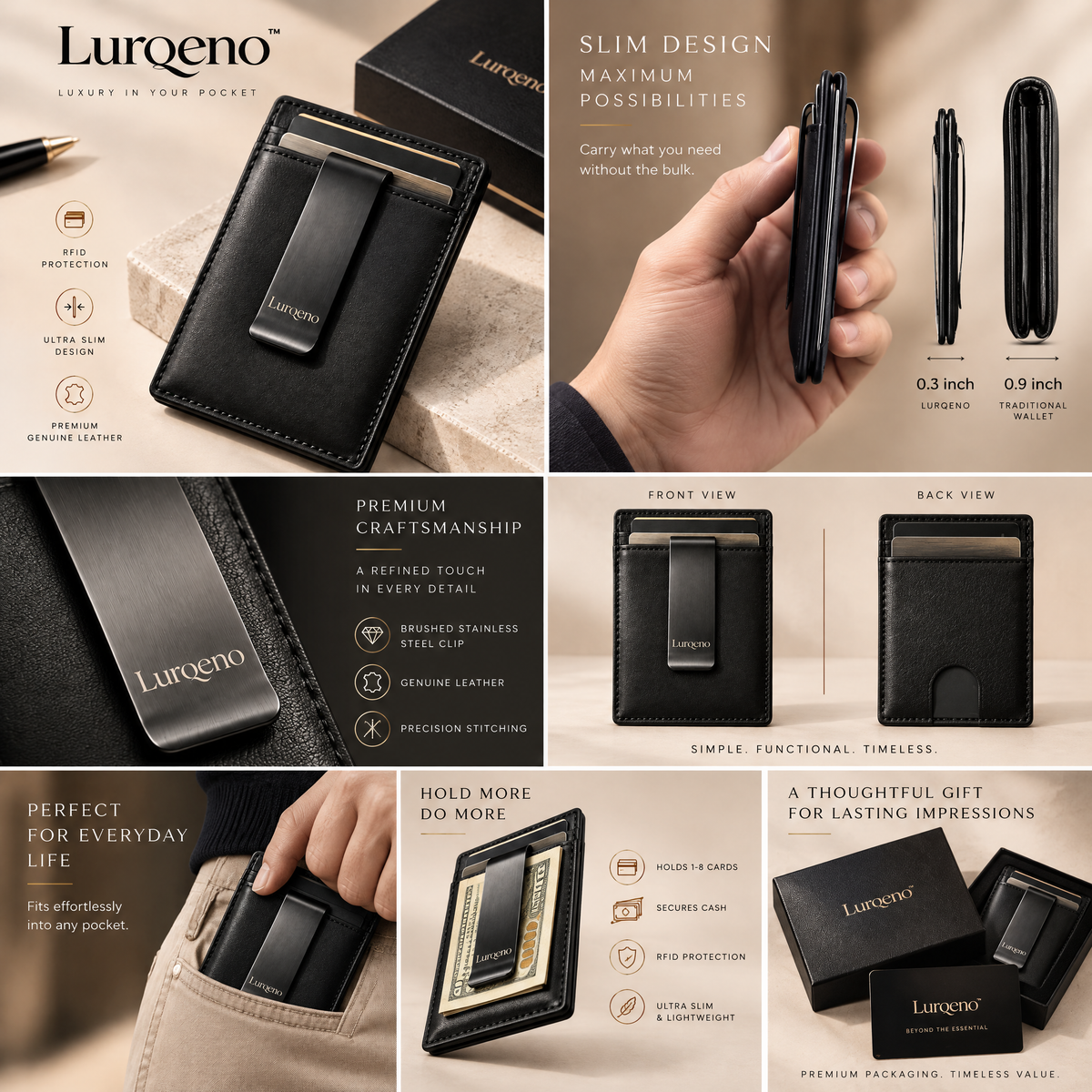 Lurqeno™ Ultra-Slim Genuine Leather Card Holder Wallet with Integrated Money Clip – RFID-Blocking Minimalist Front Pocket Wallet for Men