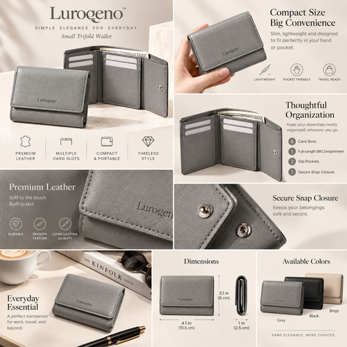 Luroqeno™ Women's Small Trifold Leather Wallet – Compact Minimalist Card Holder &amp; Cash Organizer (Grey)