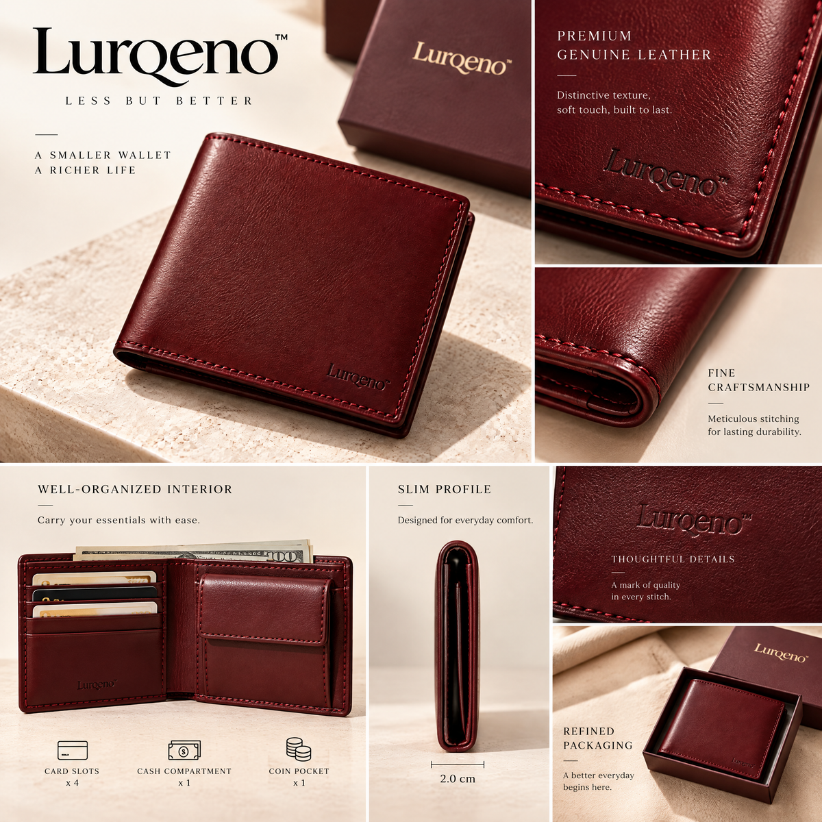 Lurqeno™ Slim Genuine Leather Bifold Wallet for Men – Minimalist Front Pocket Everyday Carry in Rich Burgundy with Luxury Gift Box