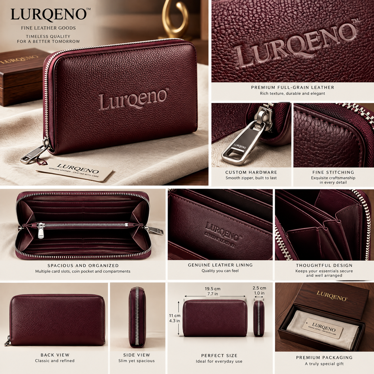 Lurqeno™ Women’s Genuine Pebbled Leather Zip-Around Continental Long Wallet – Deep Burgundy