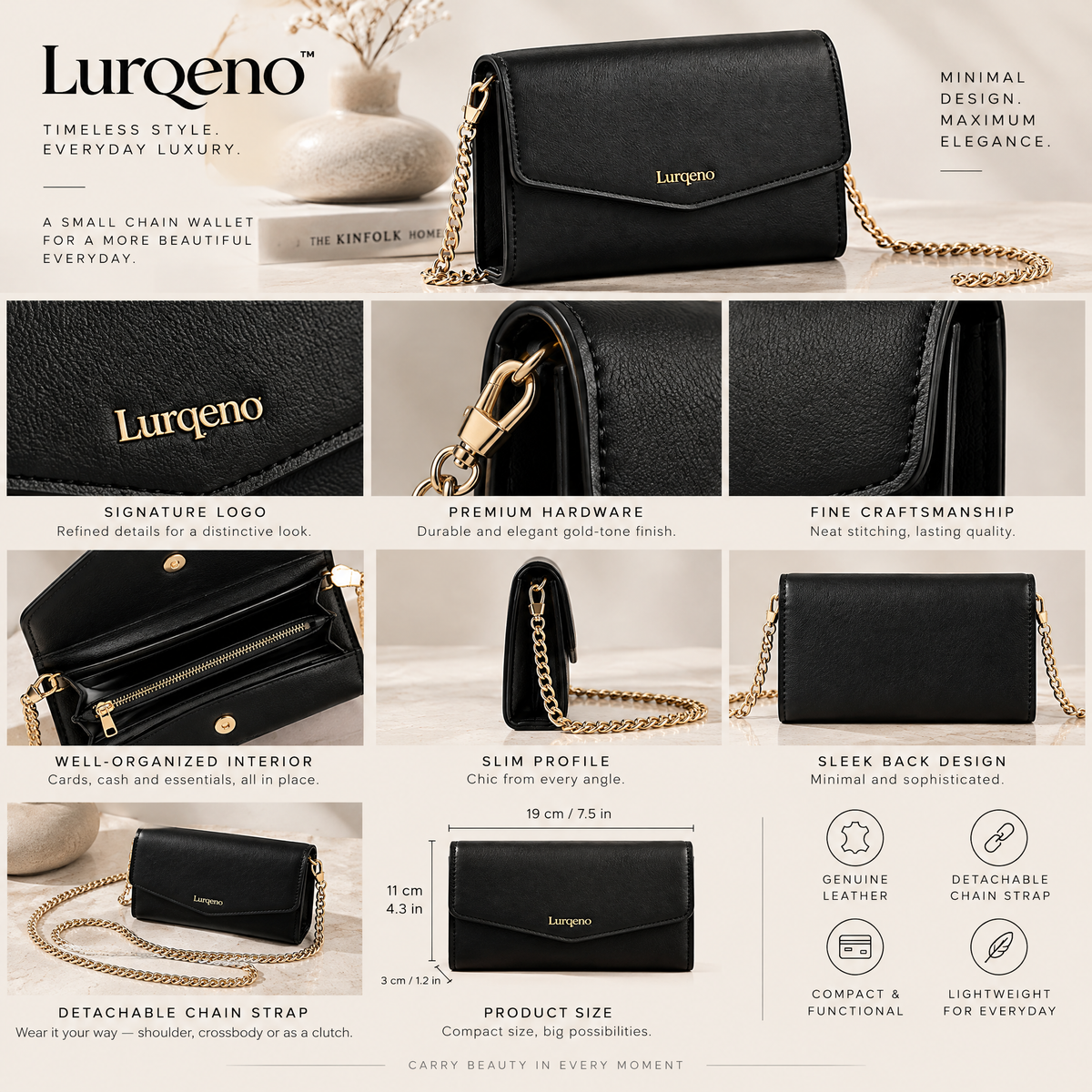 Lurqeno™ Women's Small Trifold Leather Wallet – Compact Minimalist Card Holder &amp; Cash Organizer (Grey)