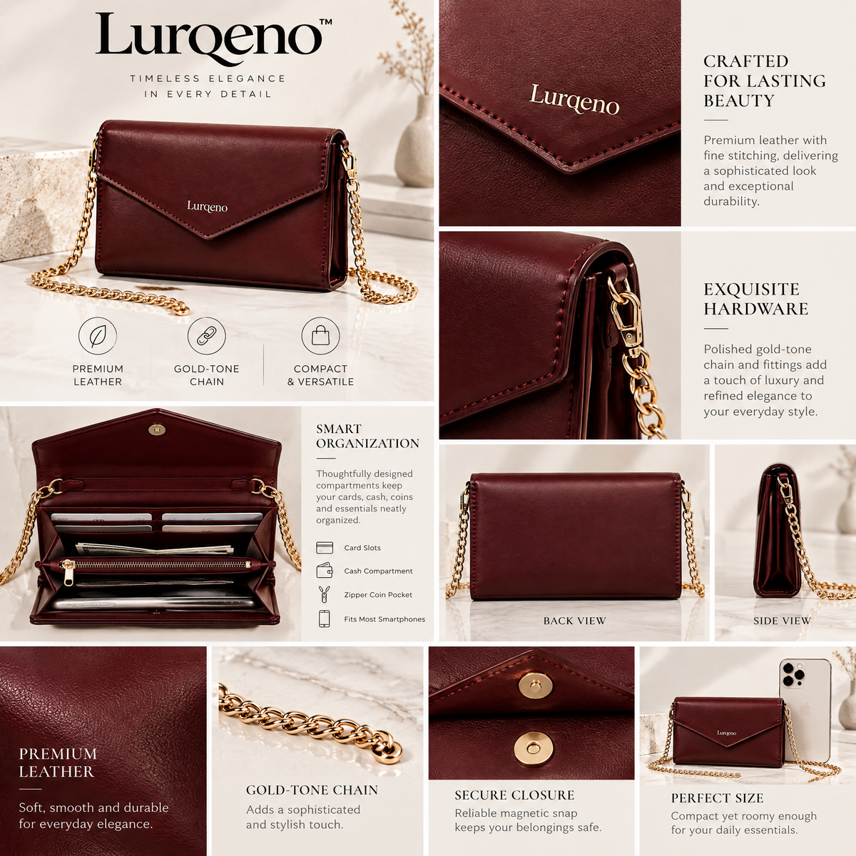 Lurqeno™ Women's Premium Leather Envelope Chain Wallet – Deep Burgundy Crossbody Clutch