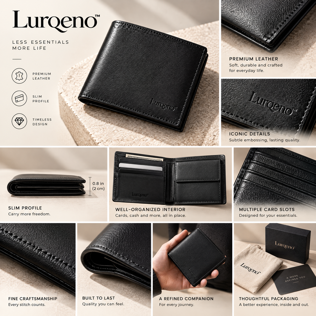 Lurqeno™ Men’s Slim Leather Bifold Wallet – Minimalist Front Pocket Everyday Carry