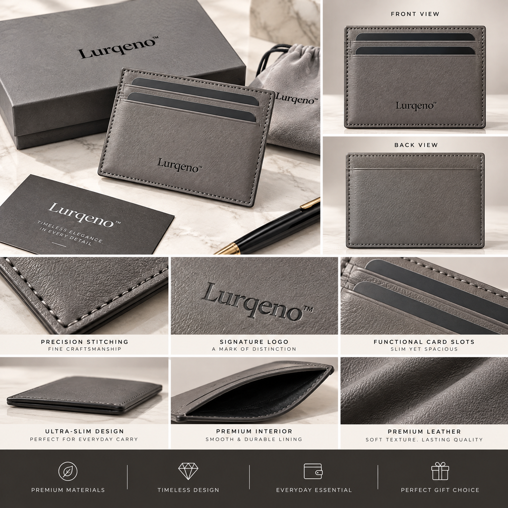 Lurqeno™ Minimalist Slim Cardholder Wallet – Ultra-Thin Front Pocket Leather Card Case with Luxury Gift Box (Slate Grey)