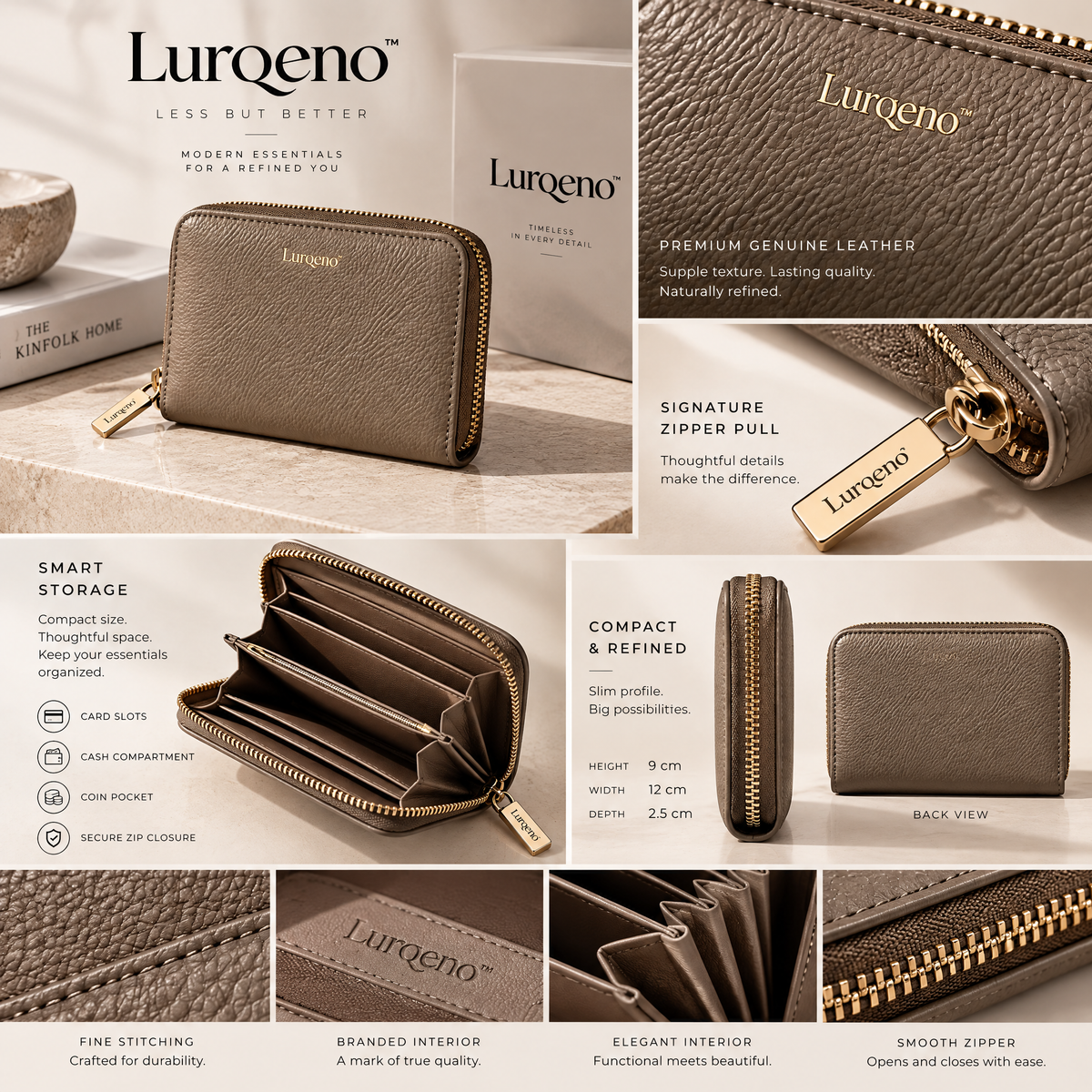 Lurqeno™ Minimalist Genuine Leather Compact Zip-Around Wallet