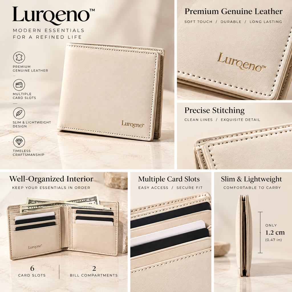 Lurqeno™ Slim Bifold Genuine Leather Wallet – Minimalist Lightweight Pocket Card Holder for Men &amp; Women (Cream Beige)