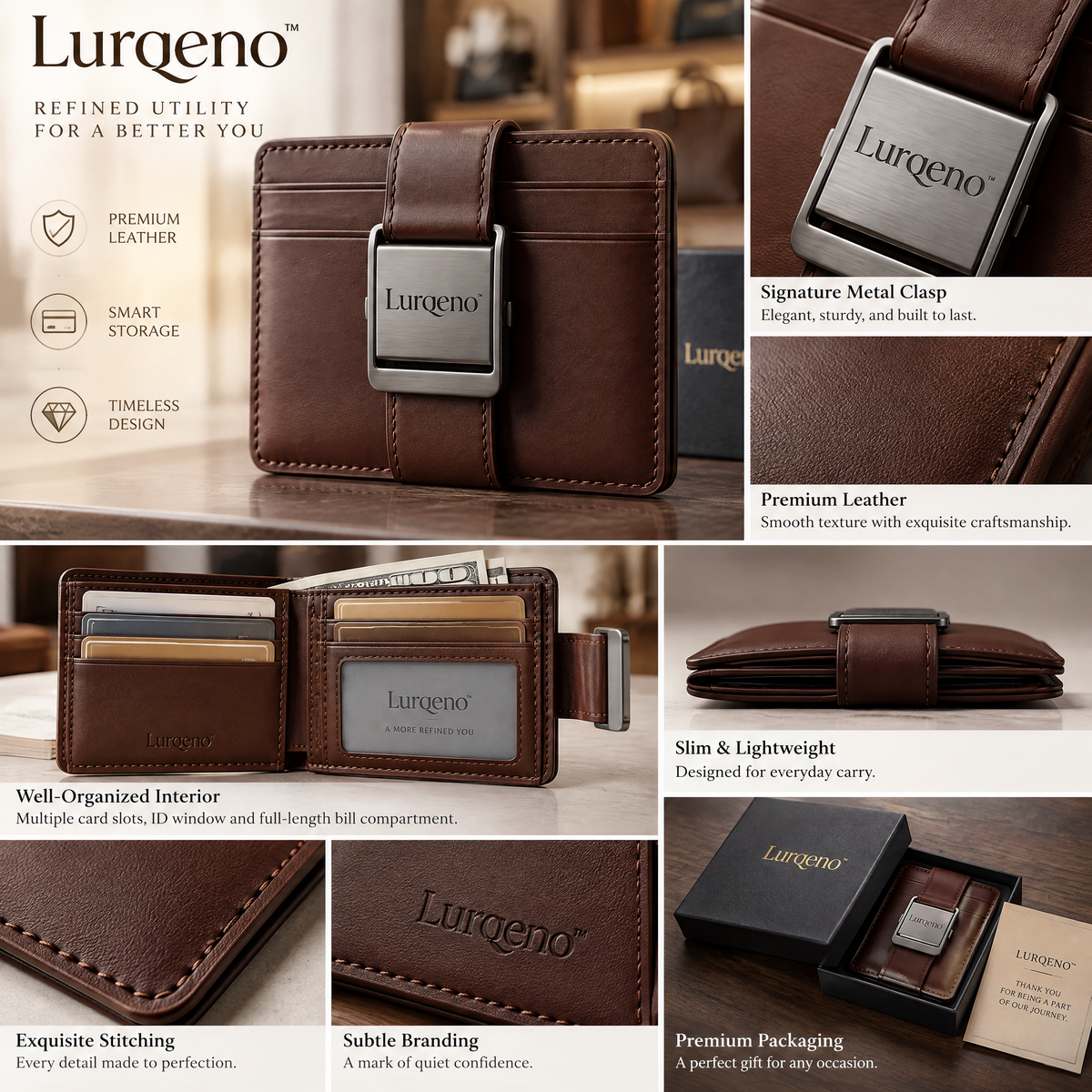 Lurqeno™ Slim Leather Card Holder Wallet with Brushed Metal Clasp – Minimalist Front Pocket EDC Card Case