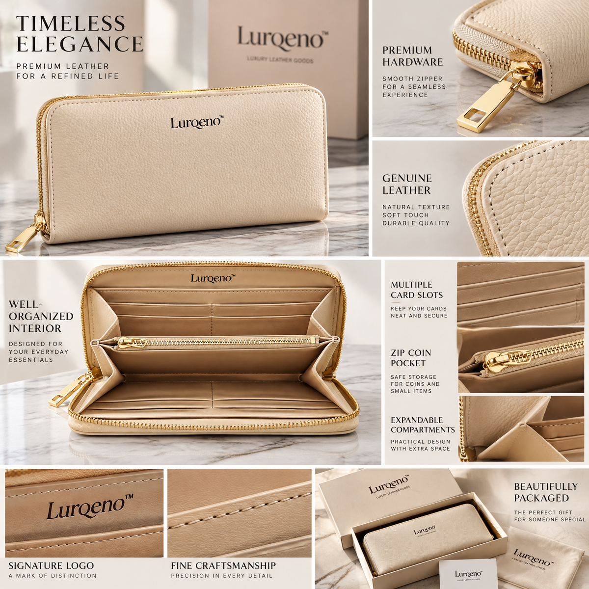 Lurqeno™ Women's Luxury Pebbled Leather Zip-Around Continental Wallet – Cream