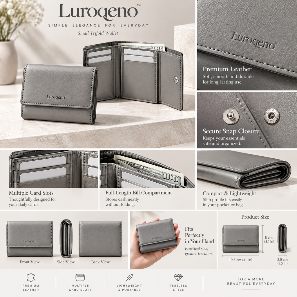Luroqeno™ Women's Small Trifold Leather Wallet – Compact Minimalist Card Holder &amp; Cash Organizer (Grey)