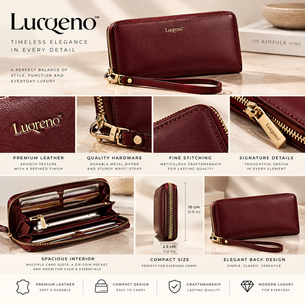 Lurqeno™ Women’s Premium Leather Zip-Around Wristlet Wallet – Elegant Long Clutch Purse (Burgundy)