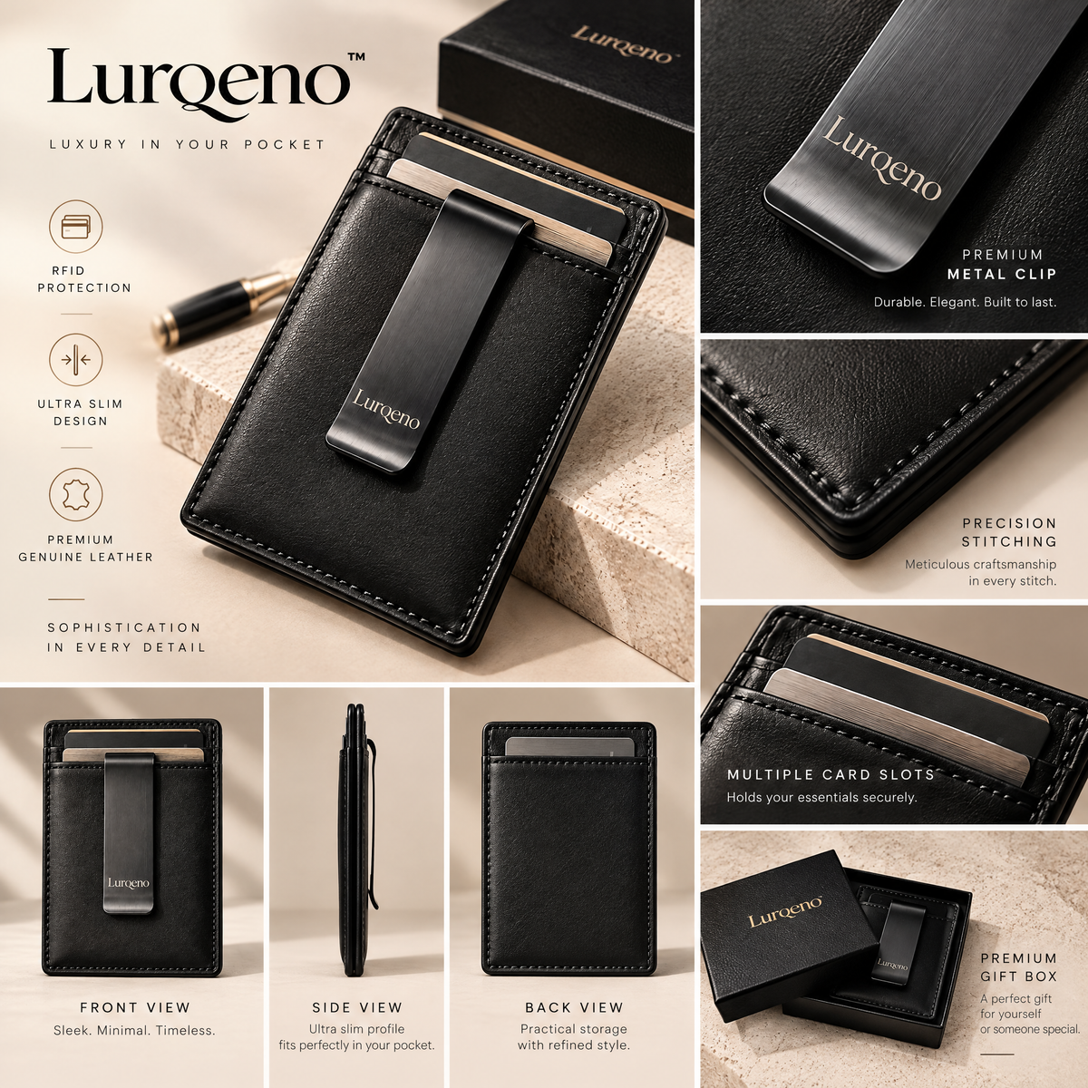 Lurqeno™ Ultra-Slim Genuine Leather Card Holder Wallet with Integrated Money Clip – RFID-Blocking Minimalist Front Pocket Wallet for Men