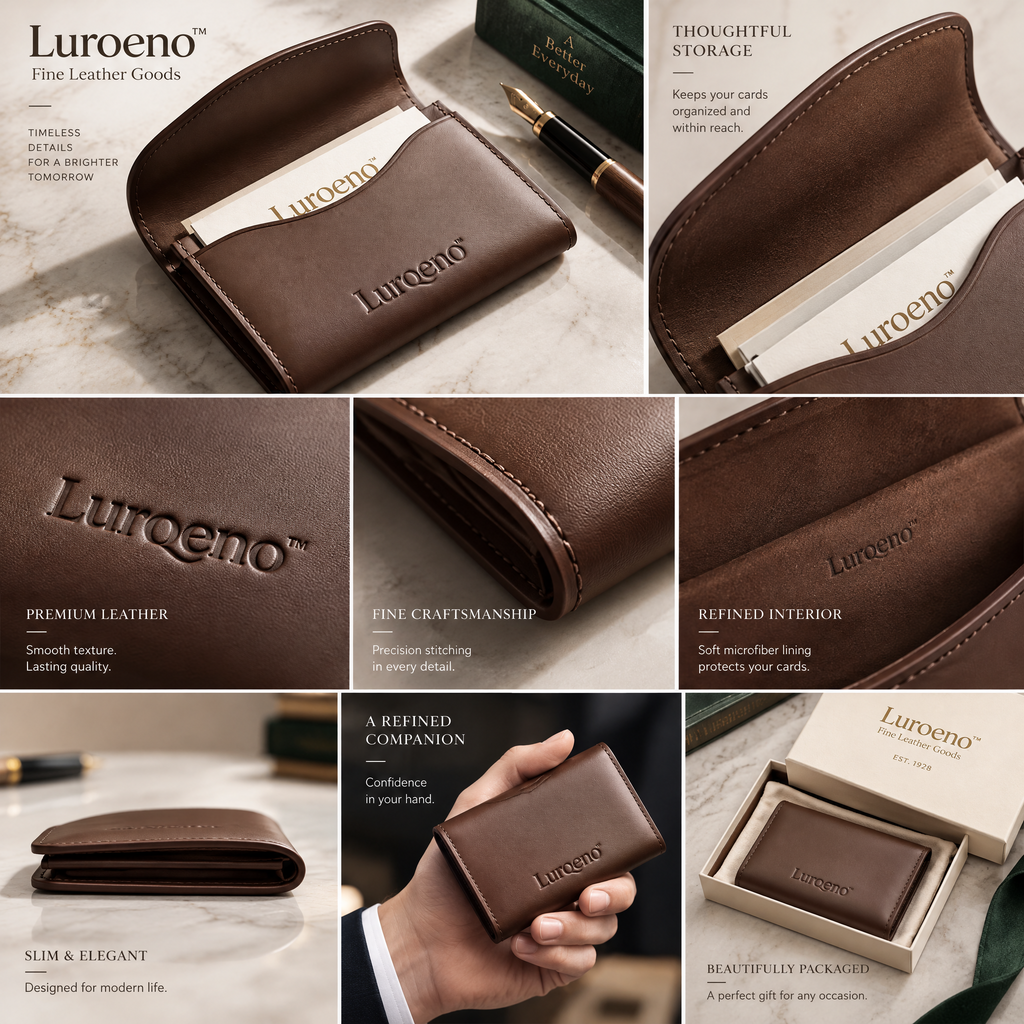Lurqeno™ Genuine Leather Business Card Holder – Slim Flap Pocket Case &amp; Minimalist Card Wallet (Mocha Brown)