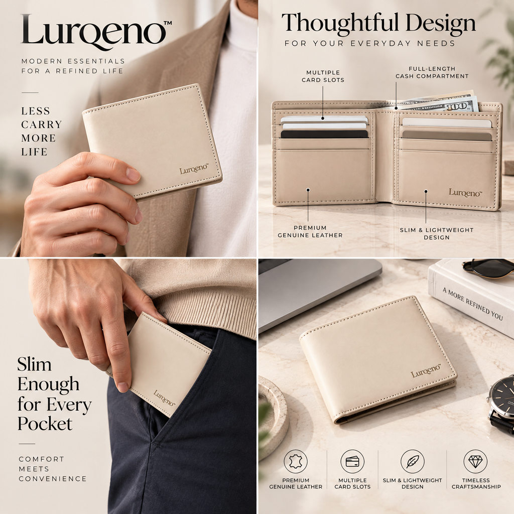 Lurqeno™ Slim Bifold Genuine Leather Wallet – Minimalist Lightweight Pocket Card Holder for Men &amp; Women (Cream Beige)