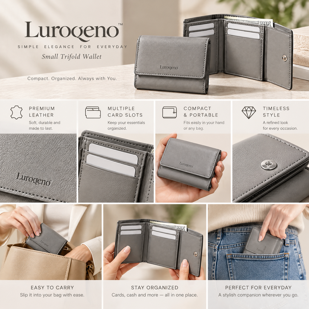 Luroqeno™ Women's Small Trifold Leather Wallet – Compact Minimalist Card Holder &amp; Cash Organizer (Grey)