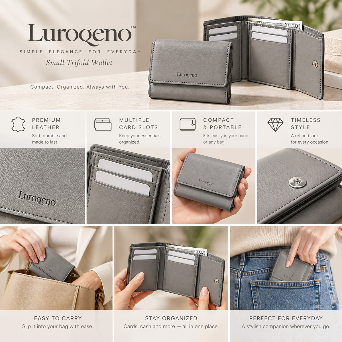 Luroqeno™ Women's Small Trifold Leather Wallet – Compact Minimalist Card Holder &amp; Cash Organizer (Grey)