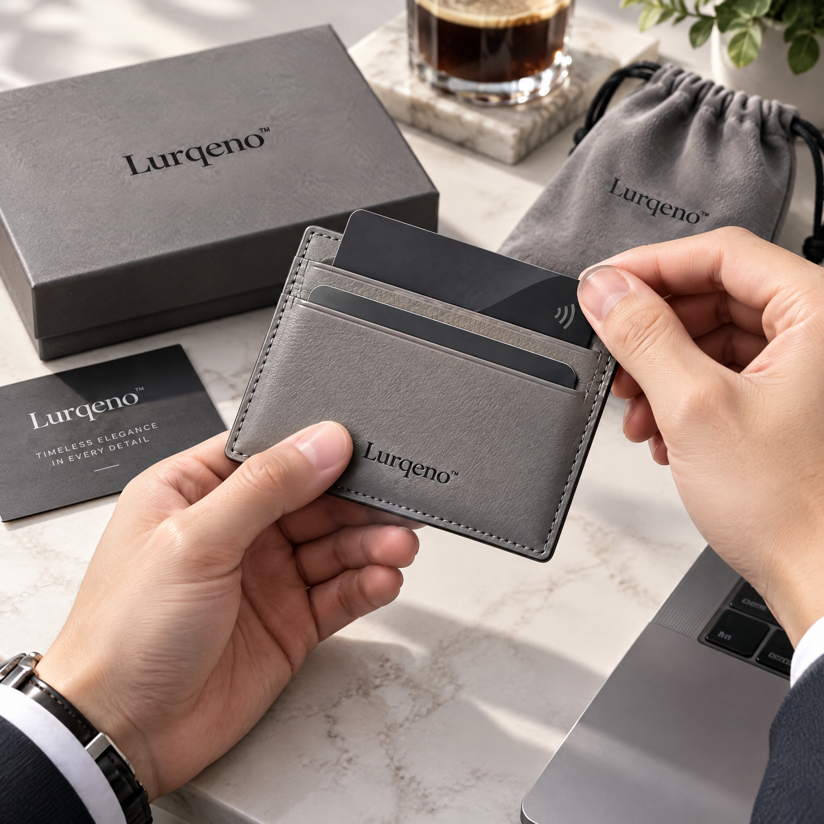 Lurqeno™ Minimalist Slim Cardholder Wallet – Ultra-Thin Front Pocket Leather Card Case with Luxury Gift Box (Slate Grey)