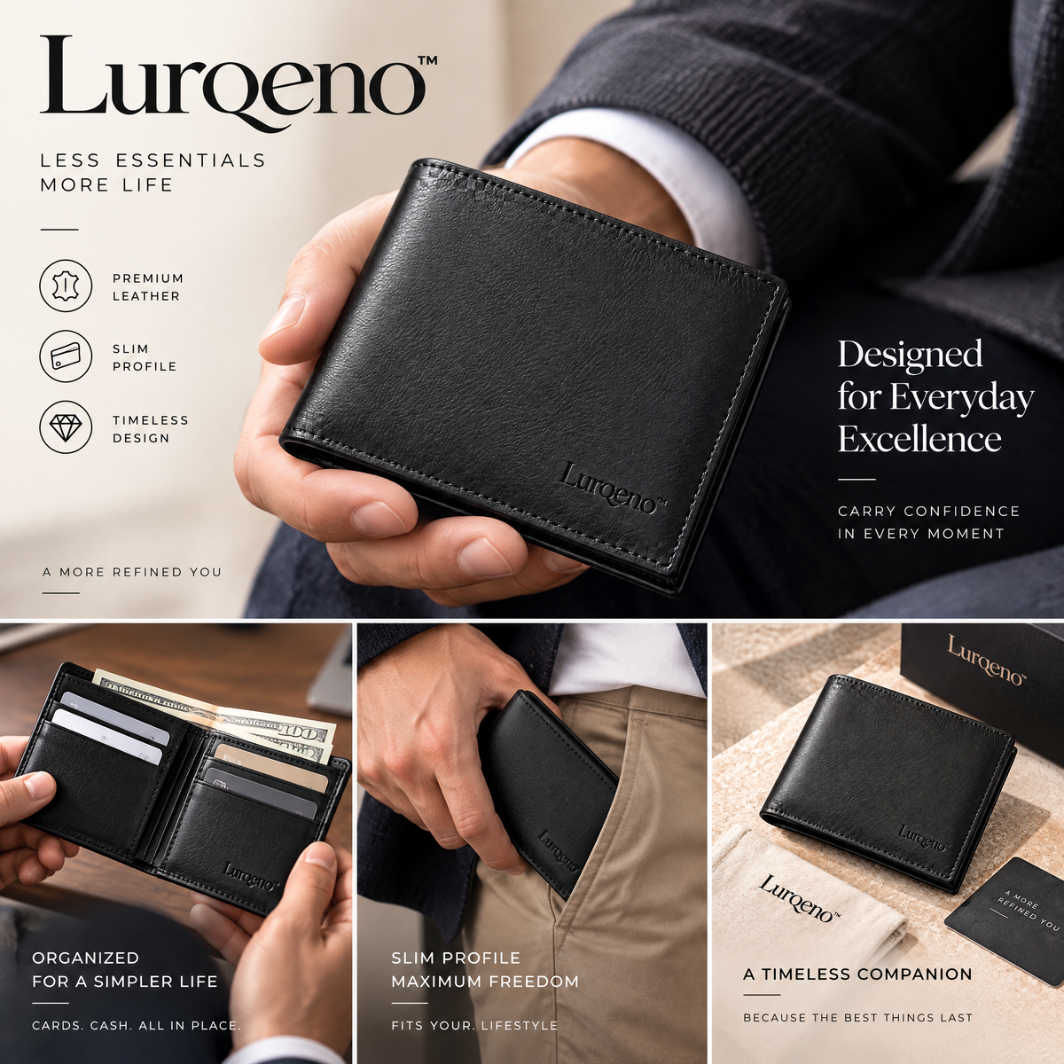 Lurqeno™ Men’s Slim Leather Bifold Wallet – Minimalist Front Pocket Everyday Carry