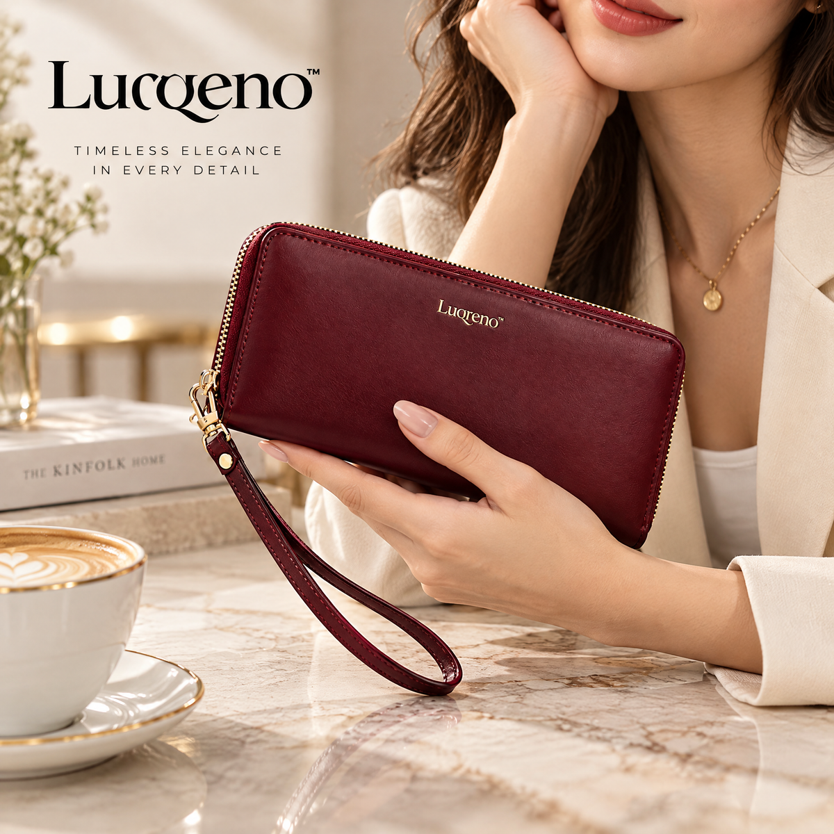 Lurqeno™ Women’s Premium Leather Zip-Around Wristlet Wallet – Elegant Long Clutch Purse (Burgundy)