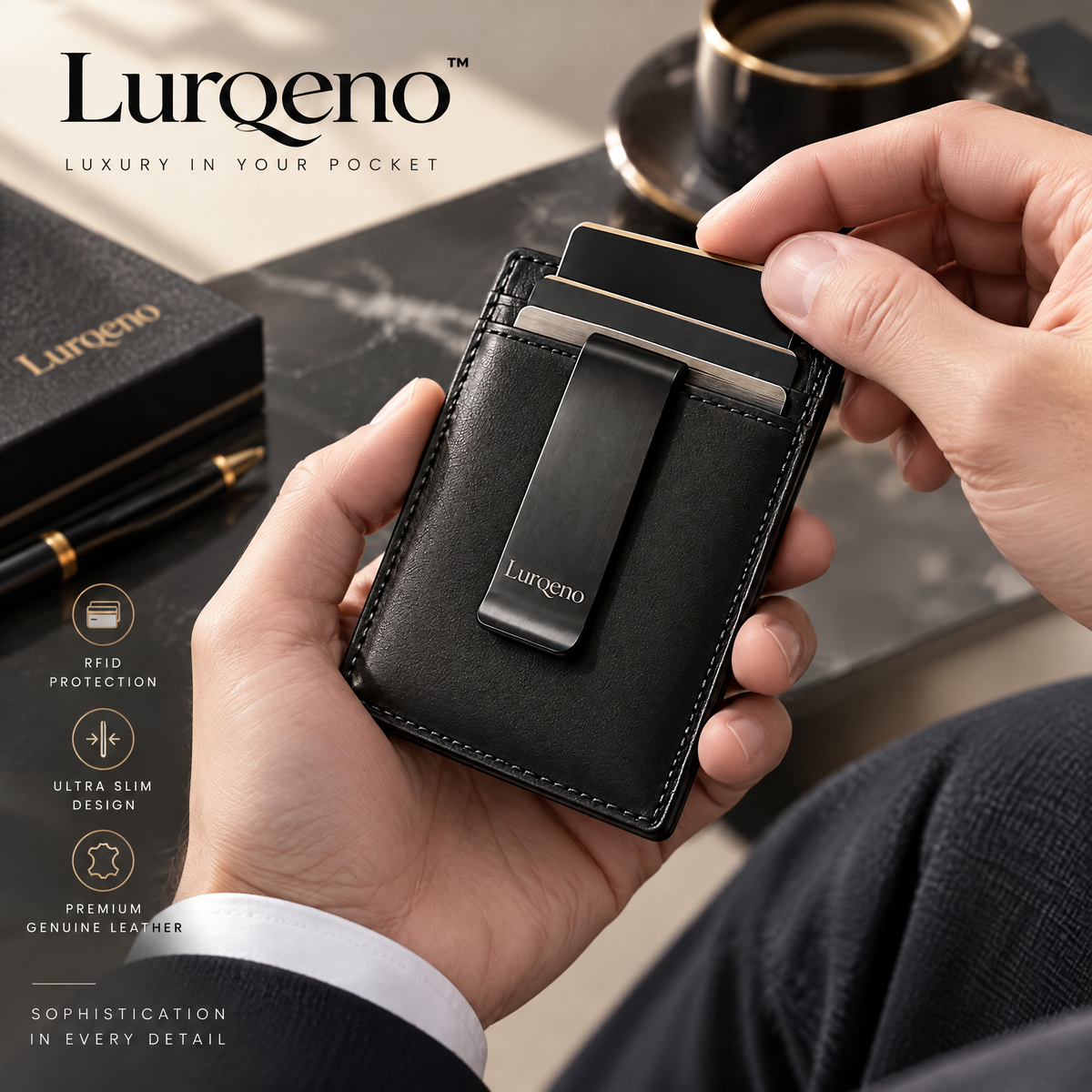 Lurqeno™ Ultra-Slim Genuine Leather Card Holder Wallet with Integrated Money Clip – RFID-Blocking Minimalist Front Pocket Wallet for Men