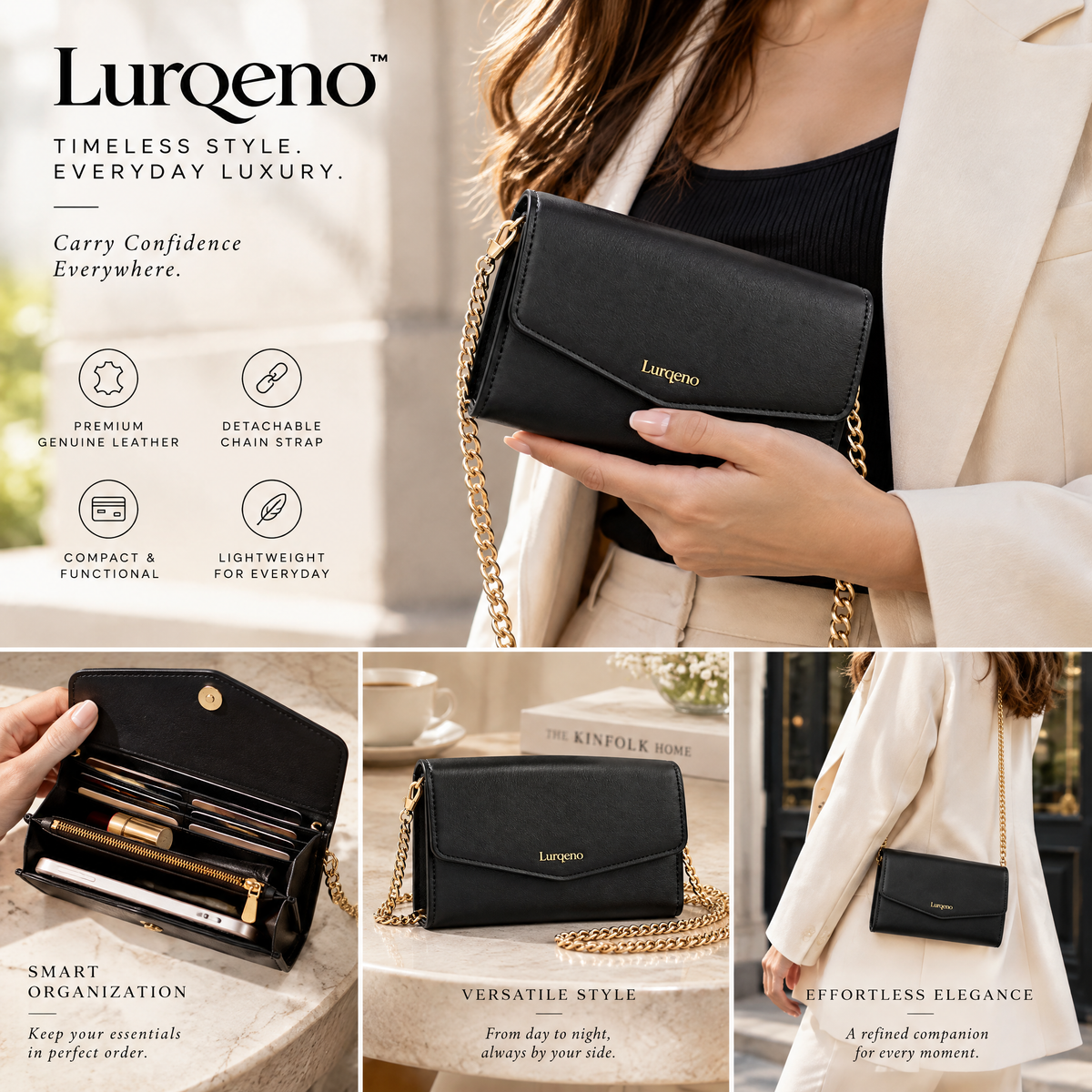 Lurqeno™ Women's Small Trifold Leather Wallet – Compact Minimalist Card Holder &amp; Cash Organizer (Grey)