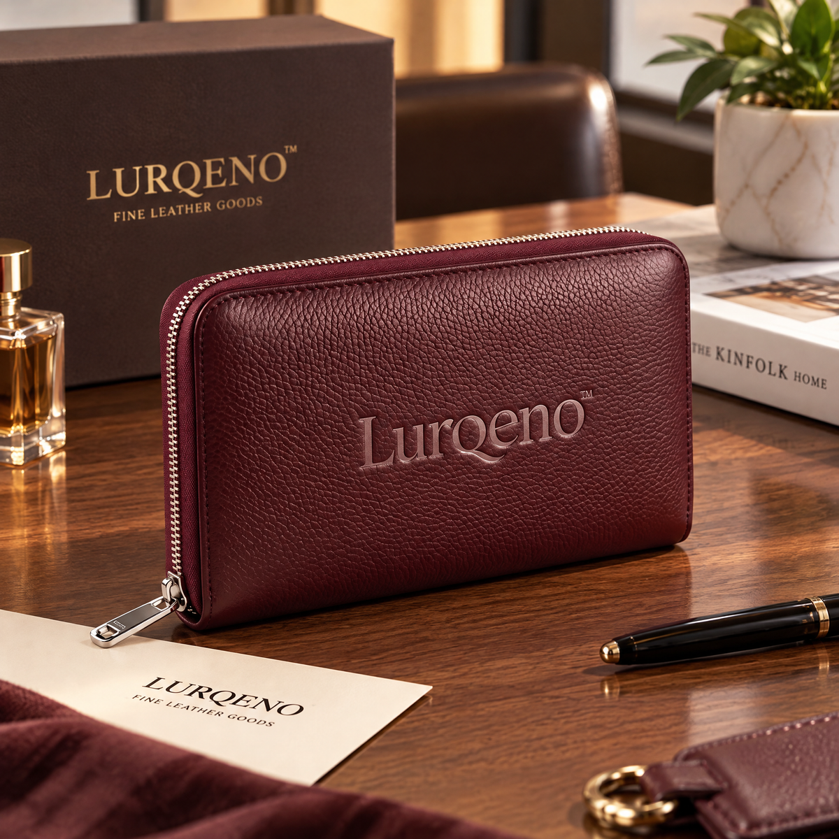 Lurqeno™ Women’s Genuine Pebbled Leather Zip-Around Continental Long Wallet – Deep Burgundy