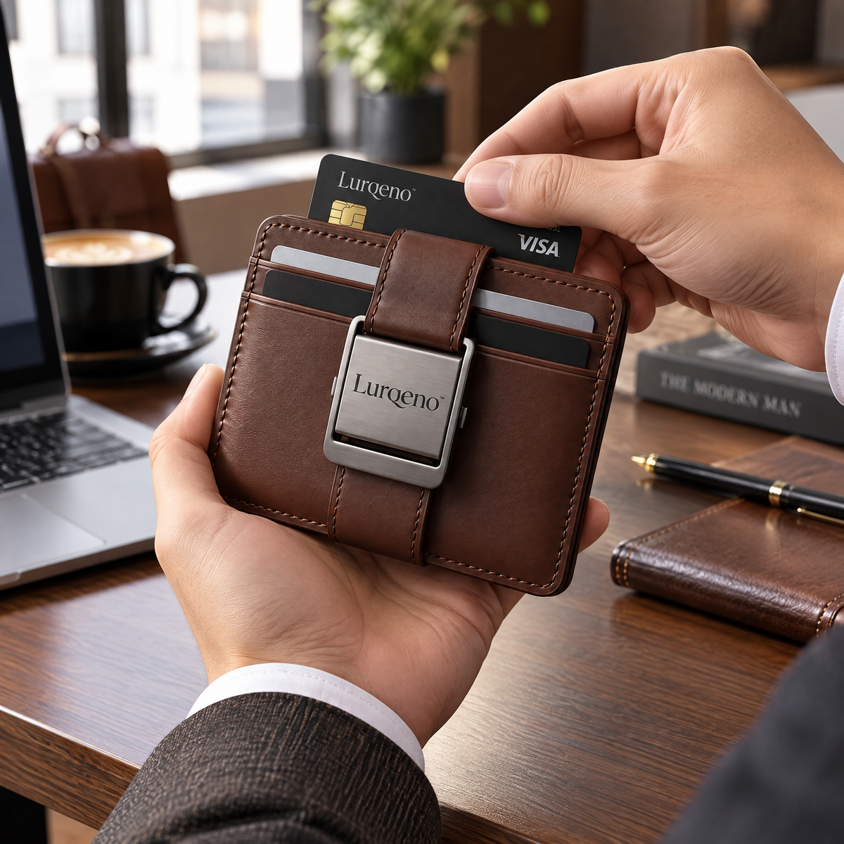 Lurqeno™ Slim Leather Card Holder Wallet with Brushed Metal Clasp – Minimalist Front Pocket EDC Card Case