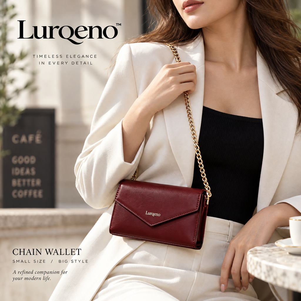 Lurqeno™ Women's Premium Leather Envelope Chain Wallet – Deep Burgundy Crossbody Clutch