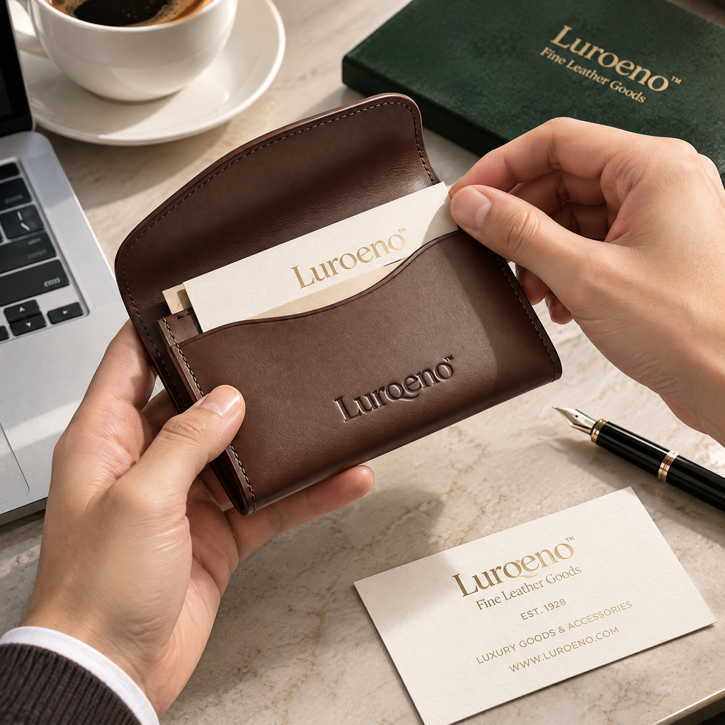 Lurqeno™ Genuine Leather Business Card Holder – Slim Flap Pocket Case &amp; Minimalist Card Wallet (Mocha Brown)